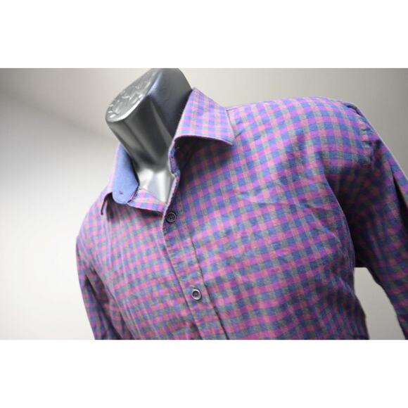 Bugatchi Uomo Dress Shirt Shaped Fit Flip Cuff Plaid Button Up Mens Size XL - Picture 1 of 9
